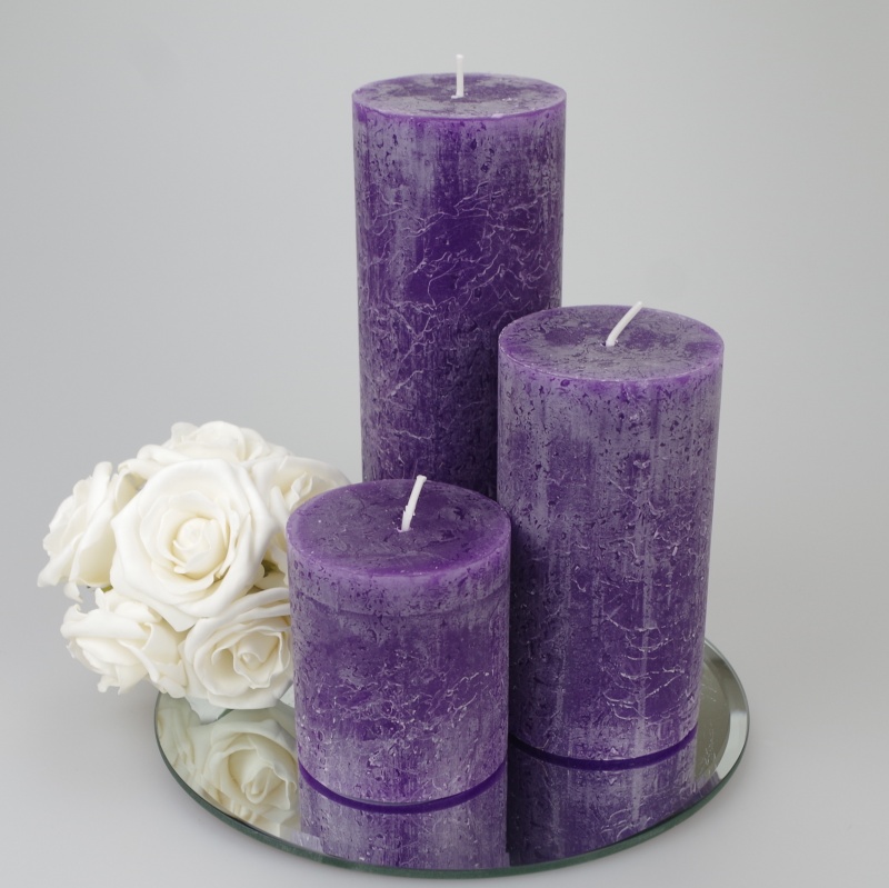 Rustic Pillar set of 3 Purple Justcandles.co.uk